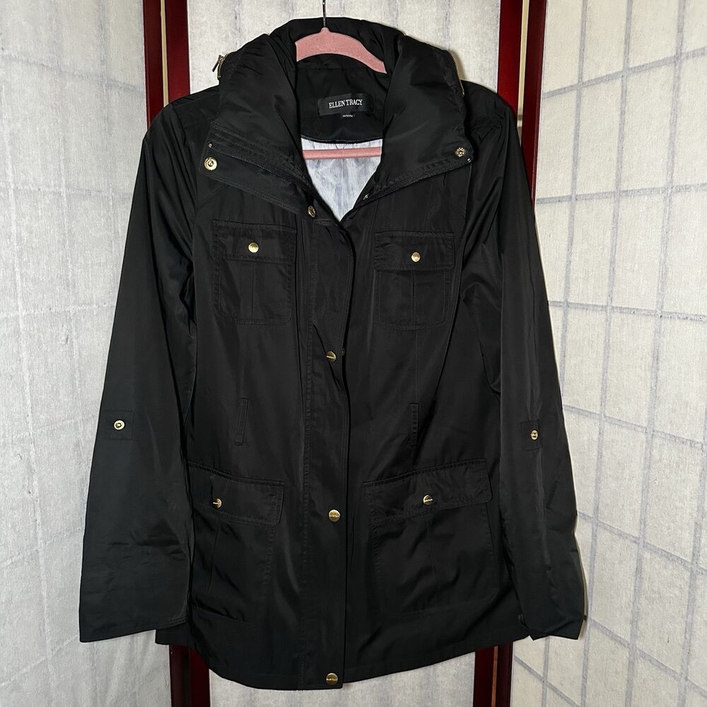 Ellen Tracy Outdoor Lightweight Rain Jacket w/Hideaway Hood, Size M